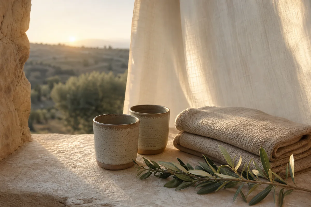 Dos tazas de cerámica junto a textiles suaves y una rama de olivo